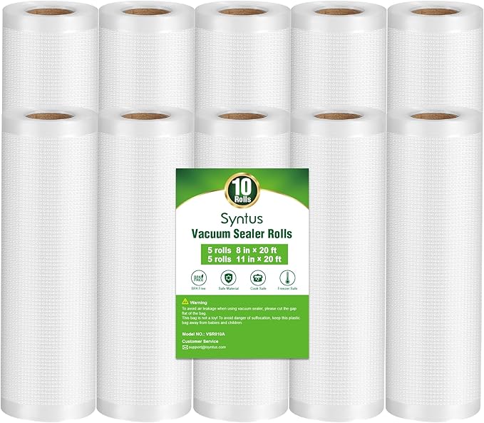 Syntus Vacuum Sealer Bags, 10 Pack 5 Roll 11" x 20' and 5 Roll 8" x 20' Commercial Grade BPA Free Bag Rolls, Food Vac Bags fo