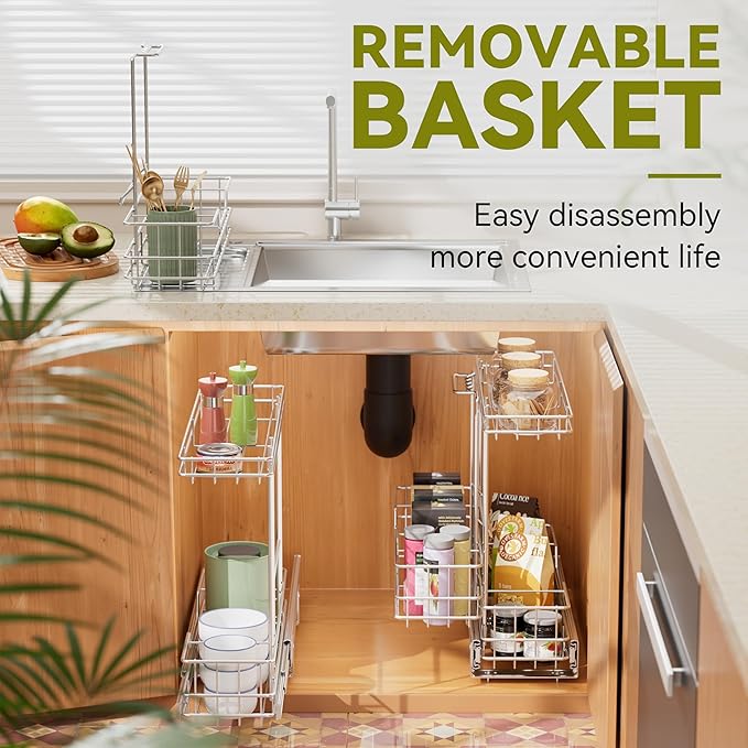 2 Tier Under Sink Organizer 11" W X18 D, Pull Out Cabinet Organizer One Removable Basket, Under Sink Slide Out Chrome Plated,