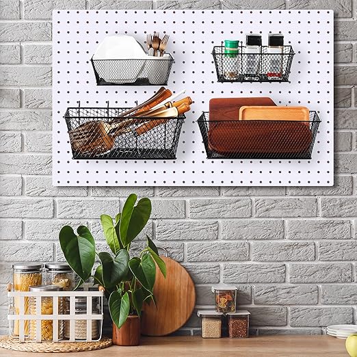 Sieral 4 Pcs Black Pegboard Baskets Metal Wire Shelf Baskets Peg Board Organizer Accessories Wall Mount Organizer Attachments