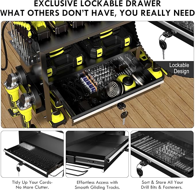 KSVO Power Tool Organizer Wall Mount with Drill Holder, Grinder Bracket, Hammer and Pliers, Locking Drawer, 6-Outlet Charging