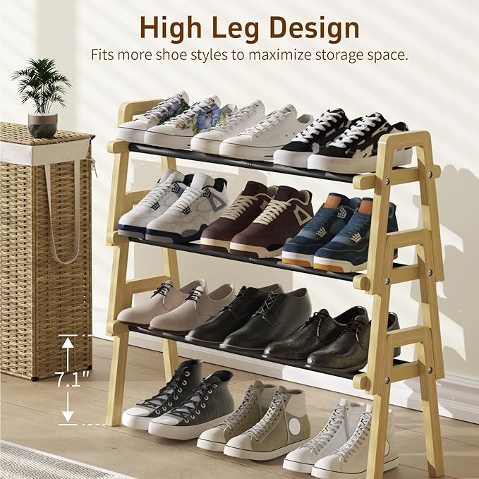 Stackable Shoe Rack Organizer, 3 Tier Shoe Rack for Closet, Bamboo Free Standing Shoe Storage, Shoe Stand for Front Door Entr