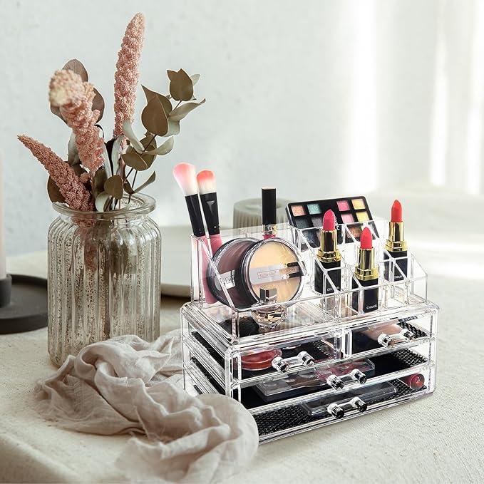 Ikee Design Acrylic Makeup Organizer with 4 Drawers and Removable Top Lipstick Holders, Ideal for Make-up or Accessories,Enha