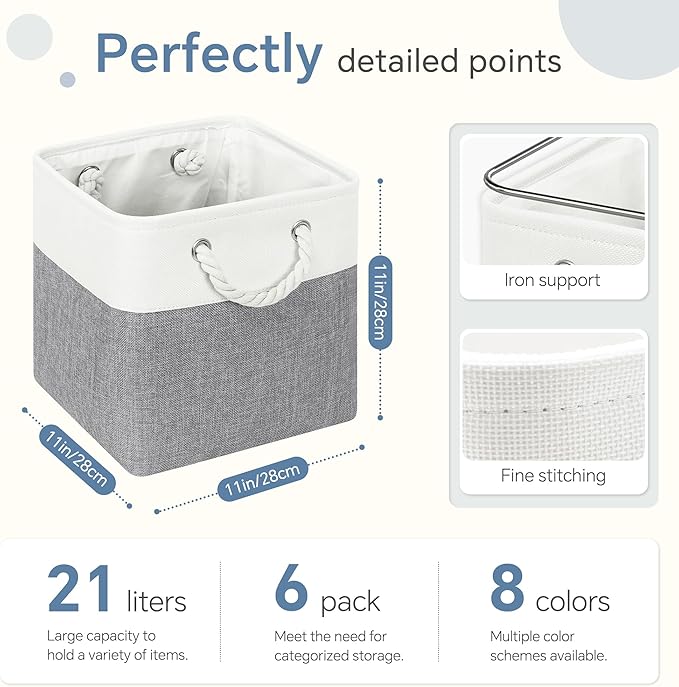 FinishingBo Fabric Cubes Storage Basket, 6 Pack 11x11 in with Handles Cube Storage Bins, for Shelves, Home, Office Organizers