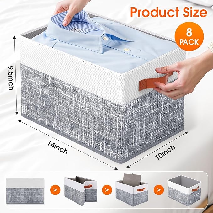 Fab totes Collapsible Storage Baskets for Shelves,14"x10", 8 Pack Foldable Fabric Storage Bins with Double Leather Handles, L