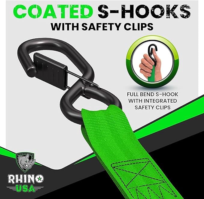 Rhino USA Retractable Ratchet Straps (4-Pack) - 1 Inch x 10 Feet (1,209lb Break Strength) - Auto Self Retracting Tie Down Straps for Truck, Cargo Trailer, Motorcycle, ATV, UTV - Green