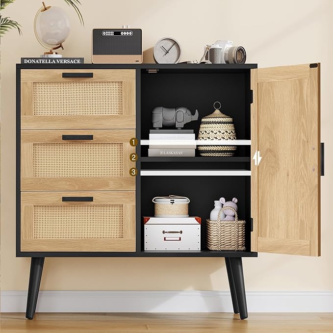 Iwell Storage Cabinet with Rattan Door & 3 Drawers, Rattan Cabinet with Adjustable Shelf, Sideboard Buffet Cabinets with Stor