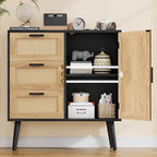 Iwell Storage Cabinet with Rattan Door & 3 Drawers, Rattan Cabinet with Adjustable Shelf, Sideboard Buffet Cabinets with Stor