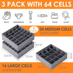 Criusia 3 Pack Sock Underwear Drawer Organizer Dividers, 64 Cell Fabric Foldable Dresser Organizer for Closet Organizers and 