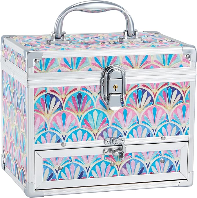 Hododou Girls Jewelry Box Organizer with Drawer & Mirror, Mermaid Tail Style Lockable Storage Case for Kid or Little Girls Je