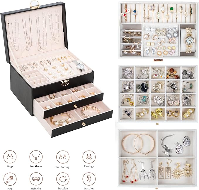 GUOER Jewelry Box for Women Girl Wife 3 Layers Large PU Leather Jewelry Organizer Storage Case with Two drawers Display for E