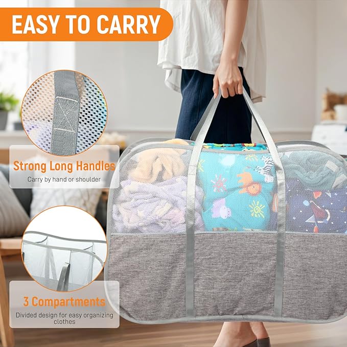 Collapsible Laundry Baskets with 3 Compartment, 150L Tear-proof Pop Up Hamper, Foldable Laundry Basket with Tote Handles, Dir