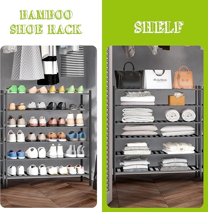 BMOSU 6-Tier Bamboo Extended Shoe Rack Premium Stackable Shoe Shelf Storage Organizer for Hallway Closet Living Room Entryway
