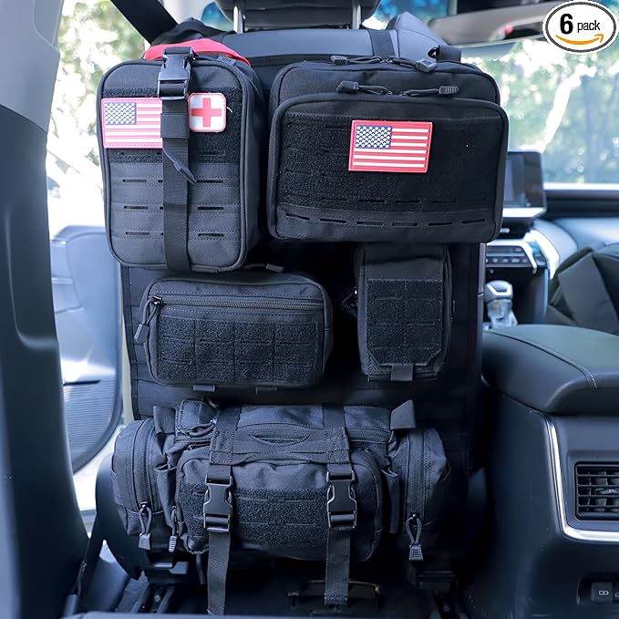 Universal Tactical Car Seat Back Organizer Bag Tactical Molle Vehicle Organizers Panel Vehicle Protector Organizers with 5 Detachable Pouches for Car (Upgraded D Black)