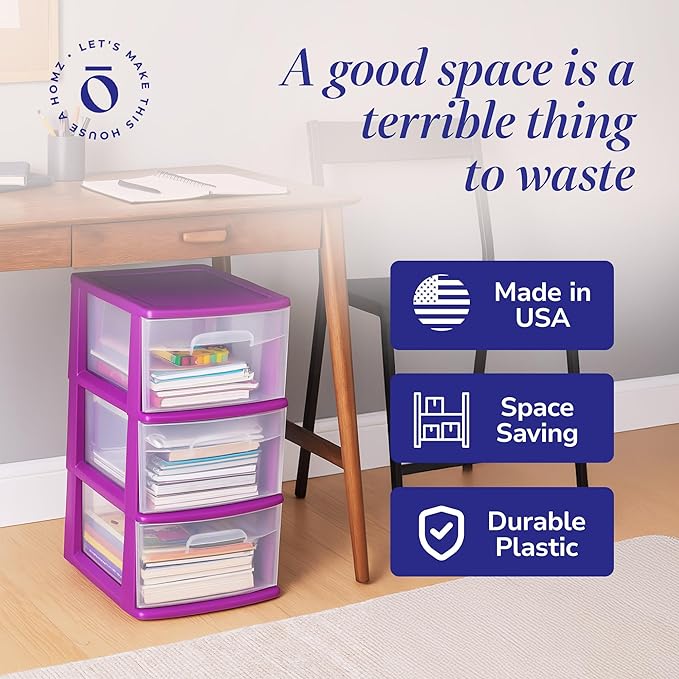HOMZ 2-Pack Drawer Tower, 3-Tier Clear Plastic Storage Organizer Cart, Purple Frame - Organizing Containers with Wheels for H