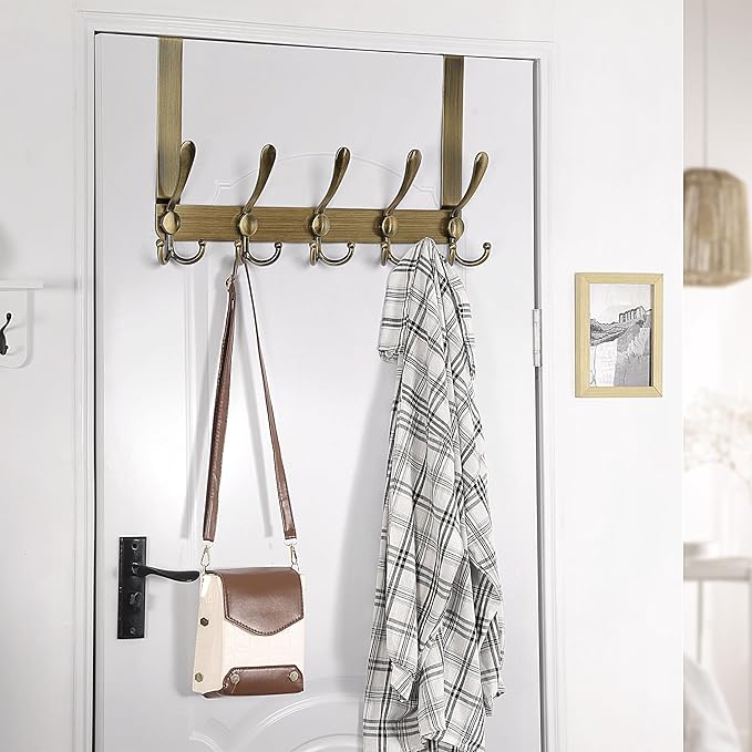 Dseap Over The Door Hook Hanger - Fits 1 3/8" to 1 3/4" Standard Doors | 5 Tri Hooks Heavy Duty Towel/Coat Rack | Door Organi