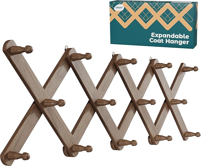 OROPY Wood Accordion Wall Hanger, Expandable Coat Rack Wall Mount with 14 Pegs, Expanding Hat Rack for Wall, X Shape, 27"×10"