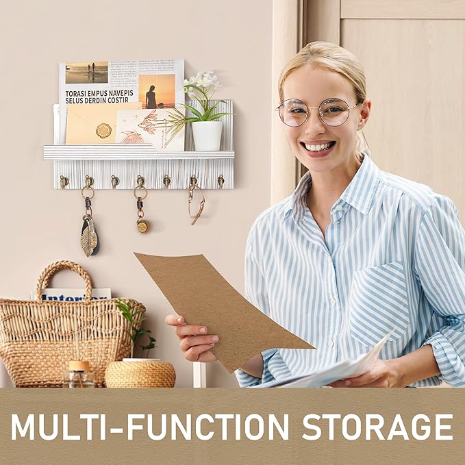 Rebee Vision Farmhouse Key and Mail Holder for Wall - Decorative Mail Organizer Wall Mount with 7 Hooks and Mounting Hardware