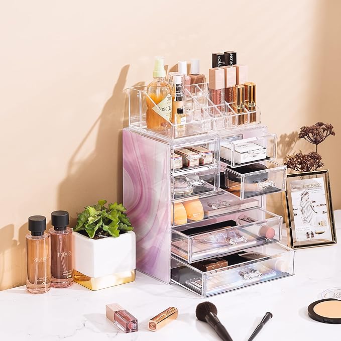 Sorbus Acrylic Makeup Organizer Set, 7-Drawer Vanity & Countertop Cosmetic Storage with Small & Wide Compartments, Tie Dye Ma