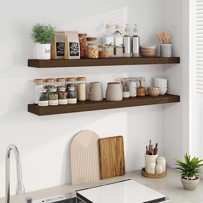 Fun Memories Floating Shelves for Wall, 48Inch Long Floating Shelves Set of 2, Hanging Shelf with Invisible Brackets, Wood Sh
