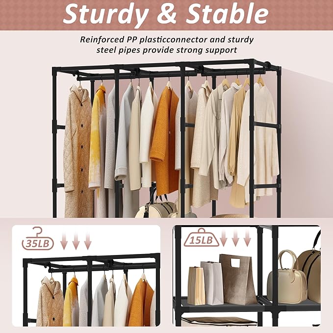 Wardrobe Closet, Quick and Easy Assembly, Gray Large Capacity Portable Closet with 3 Hanging Rods 6 Storage Shelves and 8 Sid
