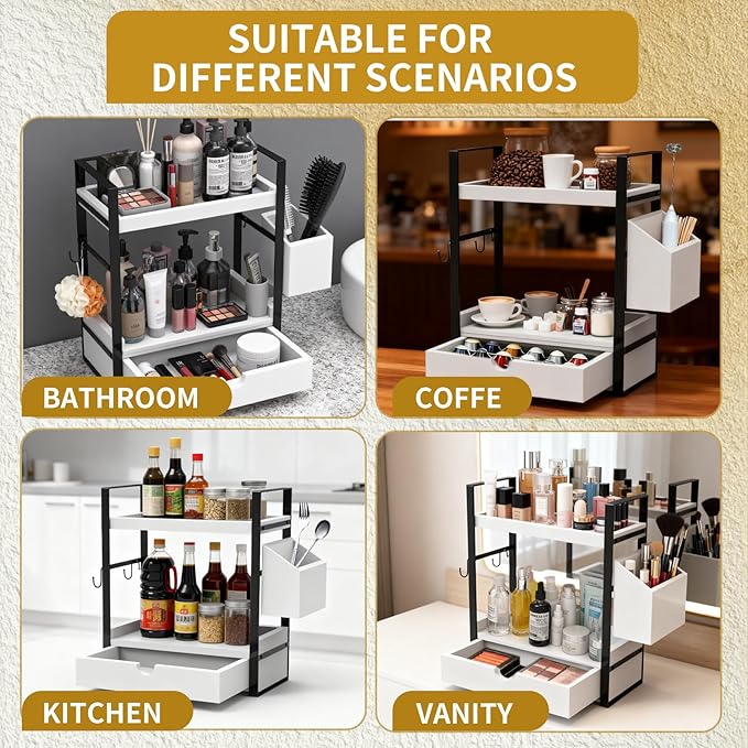 2-Tired Bathroom Counter Organizers and Storage, Bathroom Countertop Organizer with Drawer, Solid Wood Skincare Perfume Organ