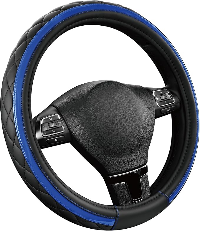 Road Comforts Leather Steering Wheel Cover – Black & Blue, Universal Fit 14.5-15 Inch, Microfiber Leather, Anti-Slip & Breath