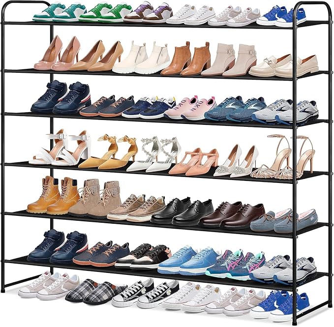 KIMBORA 6 Tier Long Shoe Rack, Wide Shoe Storage Organizer Sturdy Sneaker Shelf for Floor, Bedroom 42 Pairs (Black)