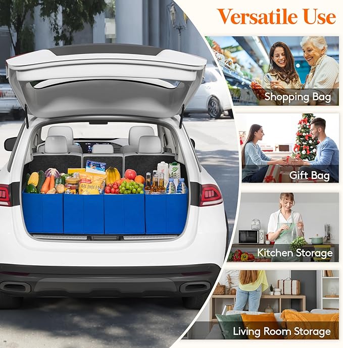 Lifewit Reusable Grocery Bags, Heavy Duty Foldable Shopping Bags with Reinforced Handles, Extra Large Utility Tote Stay Open, Sturdy Standing Carry Box for Kitchen, Car Trunk, 24L Blue, 4 Packs