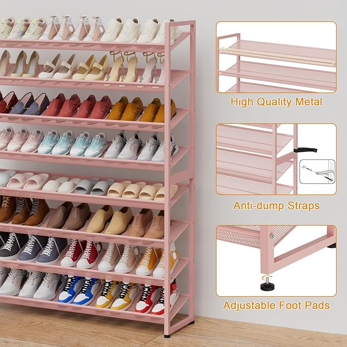 Large Shoe Rack 8 Tier Shoe Organizer, Heavy Duty Metal 4-Tier Stackable Shoe Storage Vertical Shoe Rack for Closet Front Doo