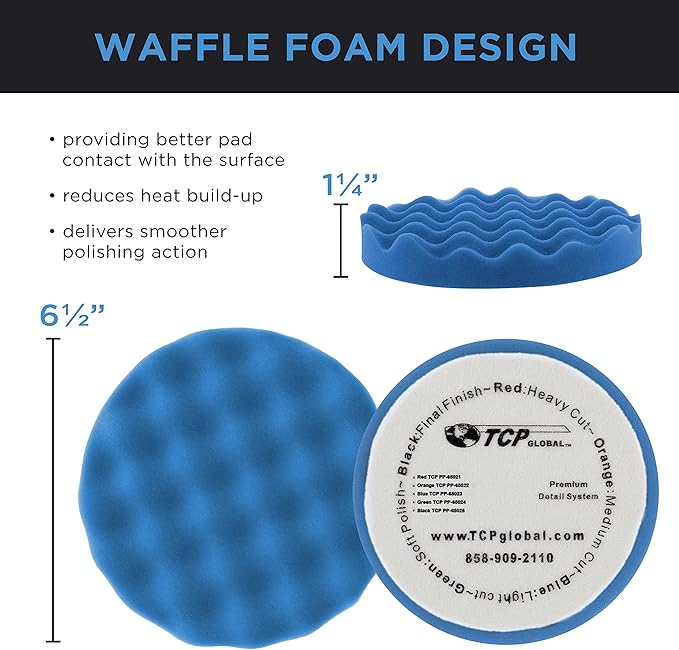 TCP Global 6.5 Inch Buffing Pads Set - 5 Waffle Foam Buffer Pads & 1 Wool Pad for Orbital Buffers, DA Polish Pad for Paint Correction, Polishing Kit for Auto & Boat Gelcoat Detailing