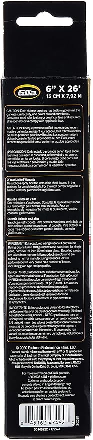 Gila Heat Shield Plus 20% VLT Rear Window Tint, 6in x 26ft