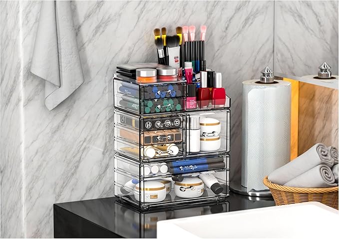 Acrylic Clear Makeup Organizer Countertop,Stackable Skincare Organizer for Vanity With 8 Drawers,Large Plastic Desk Accessori