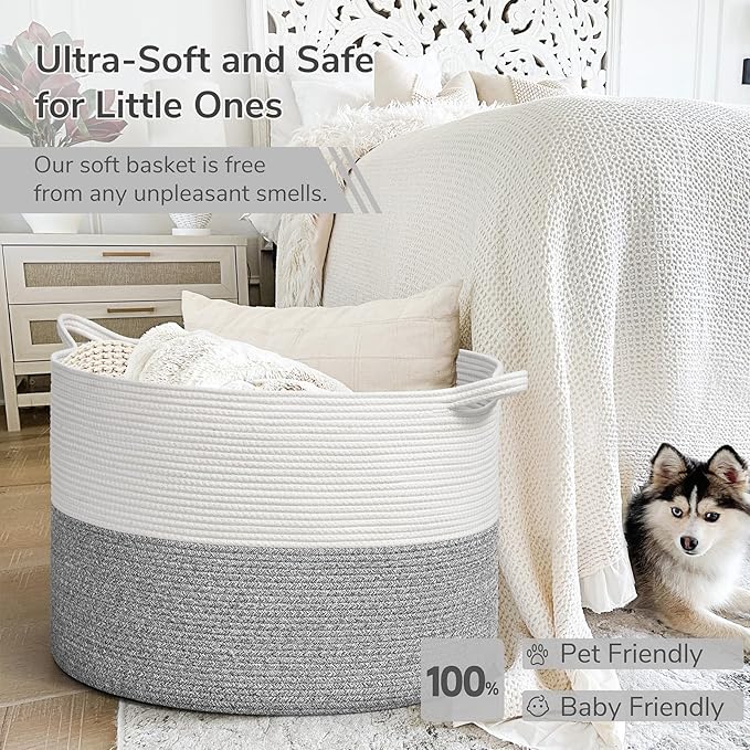 INDRESSME 115L Extra Large Blanket Basket, Soft Cotton Rope Storage Basket for Organizing, Home Decor, Toys, Laundry & Towels