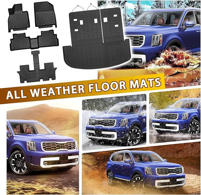 Powerty Floor Mats for 2020-2025 Kia Telluride 7/8 Passenger Car Mats Accessories, All Weather TPE Custom 2-in-1 Cargo Liner Seat Back Covers Protectors Replacement (Floor Mat + 2-in-1 Trunk Mat)