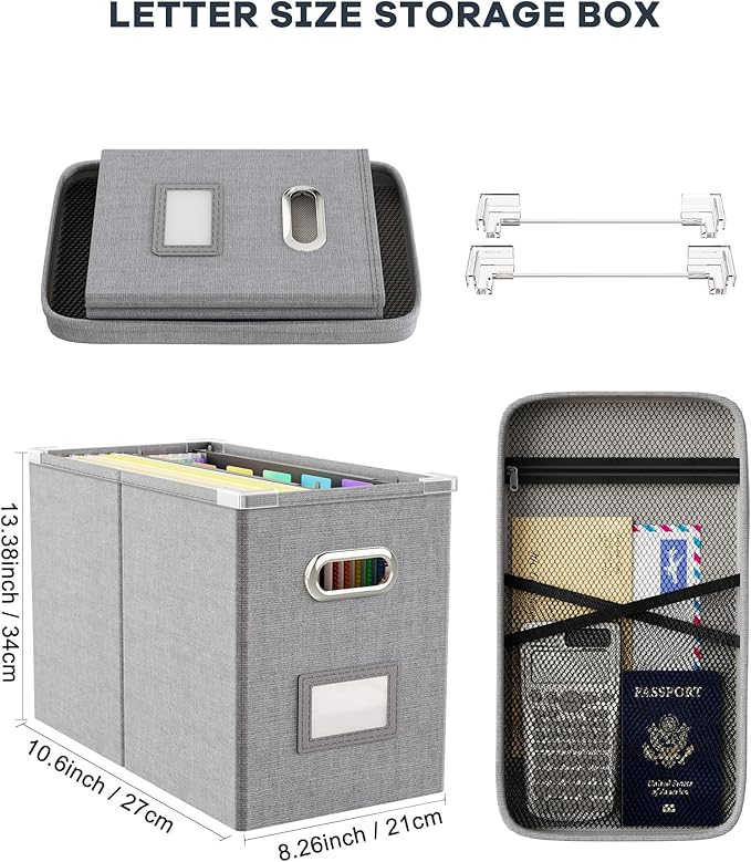 Oterri Hanging Filing File Box with Mesh Pocket, File Organizer Box with Lid, Collapsible Document Organizer Box for Letter S