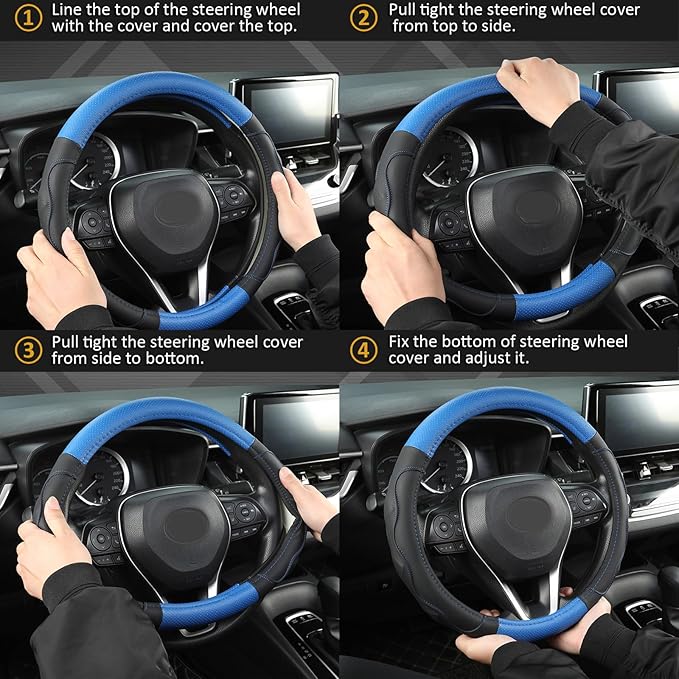 West Llama Customized Auto Car Steering Wheel Cover with 3D Texture for Dodge RAM 1500 2500 3500, 15.5-16 inch (Black+Blue-La
