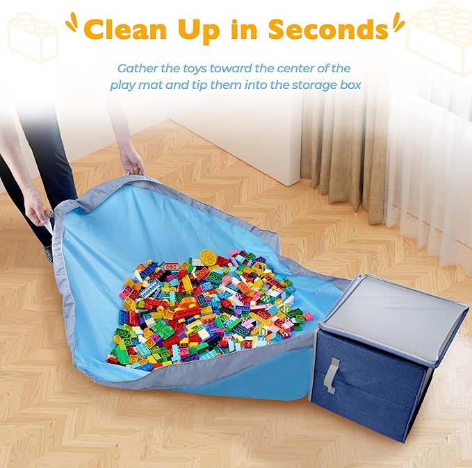 SAM AND MABEL Toy Storage Organizer with Play Mat for Kids – 13" x 13" x 13" Storage Box, Stackable and Foldable Cubby Basket