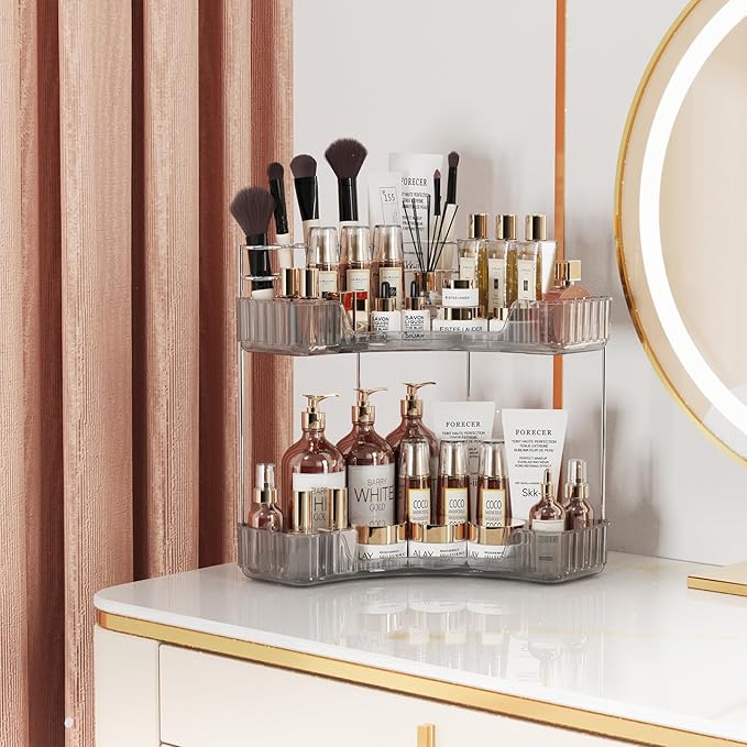 Asayuee 2-Tier Corner Bathroom Counter Organizer with Top Toothbrush Holders,Large Makeup Organizer Countertop with Brush Hol