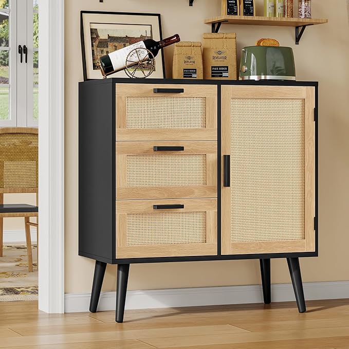Iwell Storage Cabinet with Rattan Door & 3 Drawers, Rattan Cabinet with Adjustable Shelf, Sideboard Buffet Cabinets with Stor