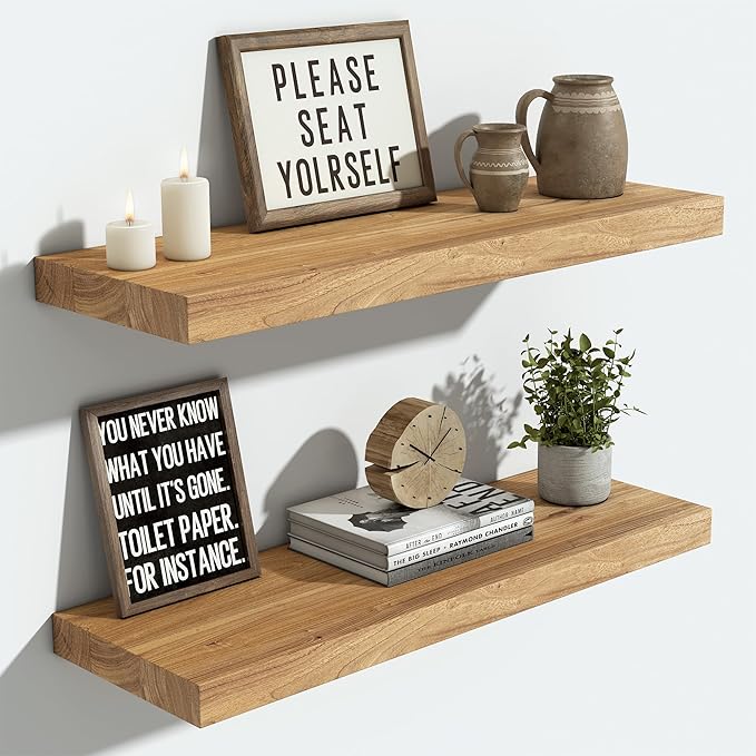 Vivelove Elm Floating Shelves for Wall Solid Wood, 24 Inches Long Rustic Wall Shelf with Invisible Bracket for Living Room Be