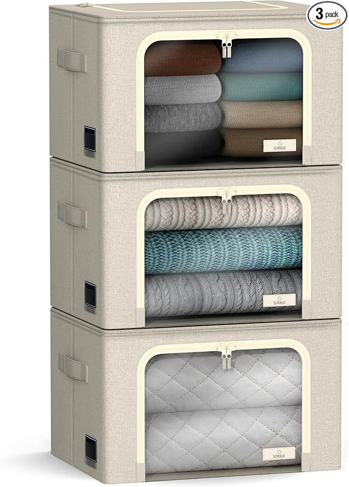 Sorbus Storage Bins with Metal Frame - Stackable & Foldable Clothes Organizer Bags - Oxford Fabric Storage Containers with La