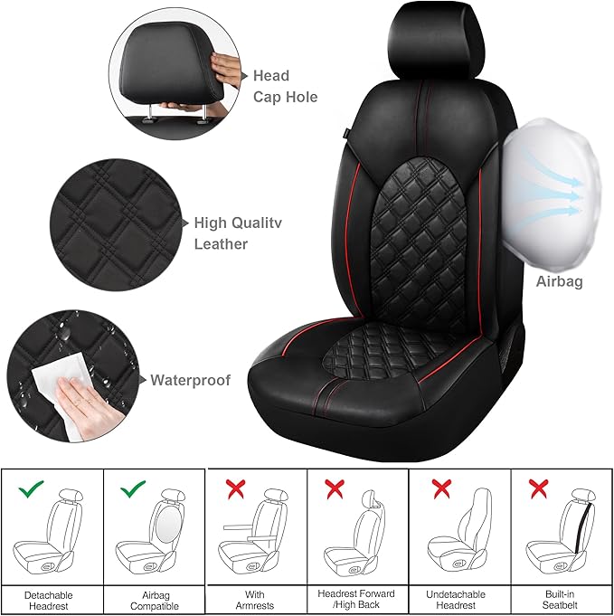 CAROMOP Luxury PU Leather Car Seat Covers Front Set - Anti-Stain Waterproof Automotive Seat Covers for Cars - Universal Car I