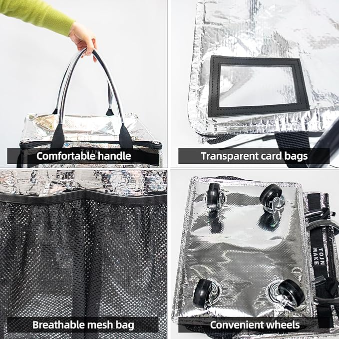 Reusable Grocery Bag On Wheels, Shopping Cart, Rolling Tote with 8 Pockets and Zipper Cover, Foldable, Heavy Duty Handles, Carries Up to 46 LBS (Medium, Silver)