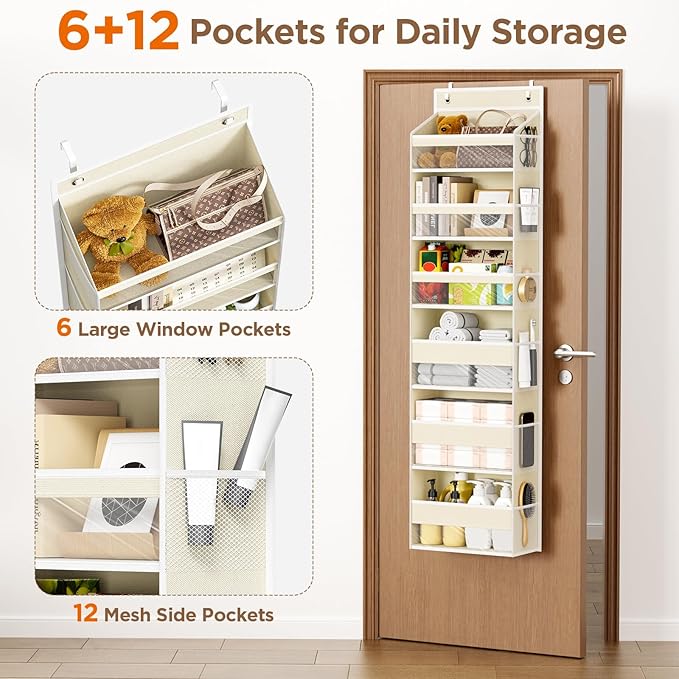 Mefirt Over The Door Organizer, 6 Shelf Door Hanging Organizers with 6 Large Capacity Pockets, Behind Door Storage Hanging Sh