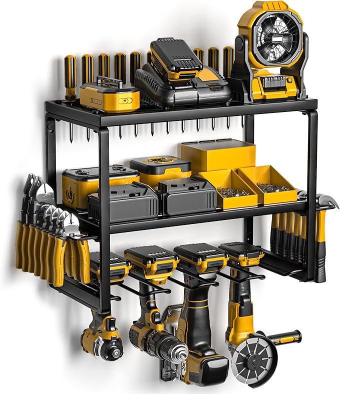 Spampur Power Tool Organizer Wall Mount, 3 Layers Storage Rack with 4 Drill Holders, Garage Storage Rack for Handheld, Metal 
