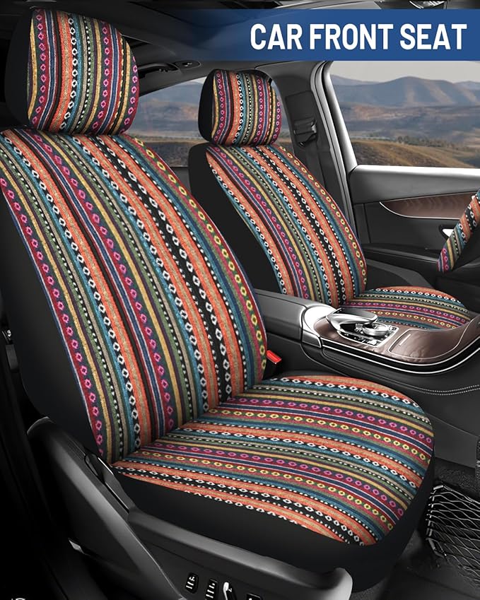 Baja Saddle Blanket Car Seat Covers Front Set, Washable Breathable Striped Woven Cloth Seat Covers for Cars, SUV, Truck, Airb