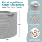 MEGASKET Extra Large Grey Storage Basket, 22" X 22" X 14" XXXL Blanket Basket for Living Room, Gray Wicker Woven Cotton Rope 