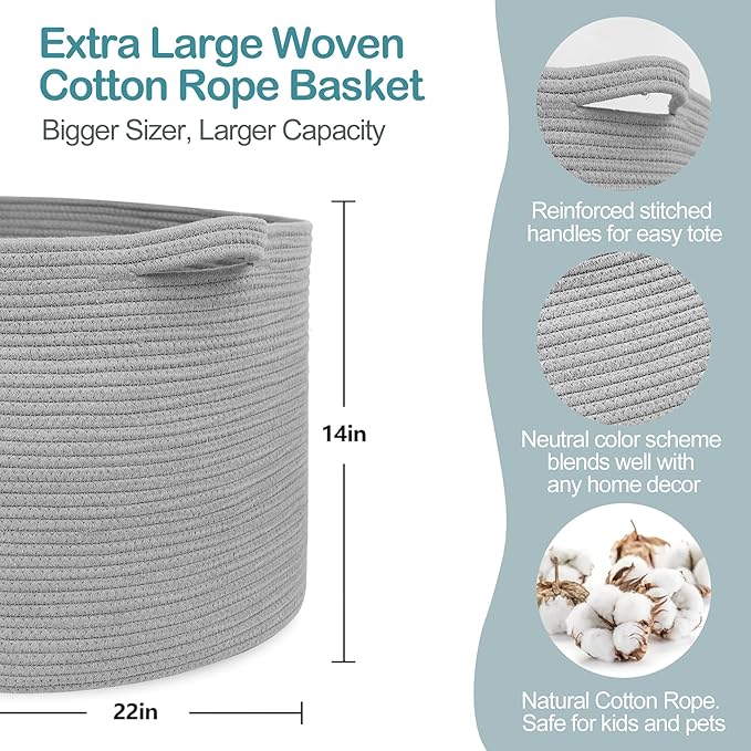 MEGASKET Extra Large Grey Storage Basket, 22" X 22" X 14" XXXL Blanket Basket for Living Room, Gray Wicker Woven Cotton Rope 