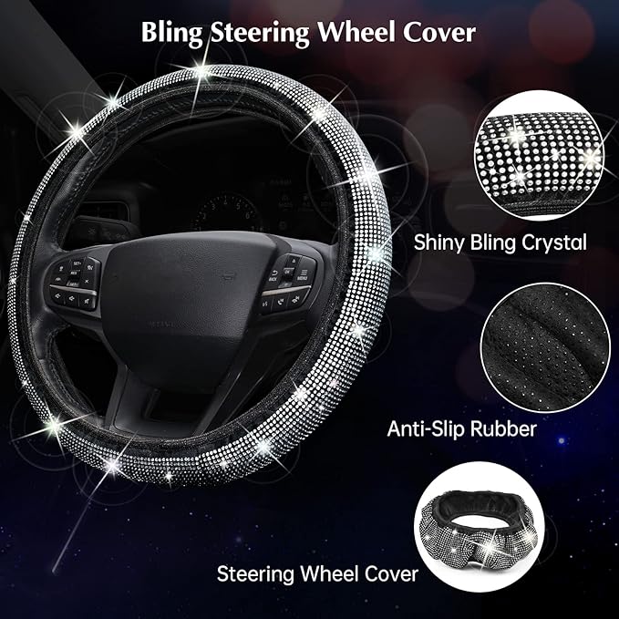 ARTILAURA 11 PCS Bling Car Accessories Set for Women Steering Wheel Covers Butterfly Hanging Seat Belt Cover Cute Air Vent Clips Coasters Glitter Diamond AUTO Interior kit (White)
