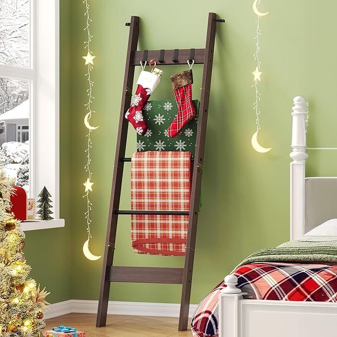 Hzuaneri Blanket Ladder for Living Room, Decorative Quilt Rack with 4 Removable Hooks, 5-Tier Farmhouse Ladder Holder Shelf O